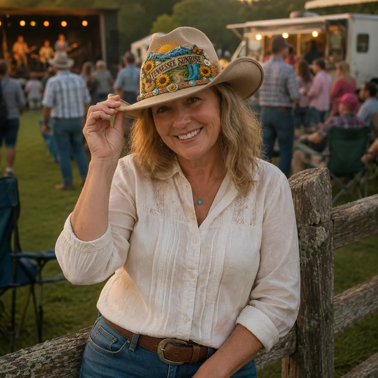 Customer wearing the Tennessee Sunrise cowboy hat at an outdoor country music festival