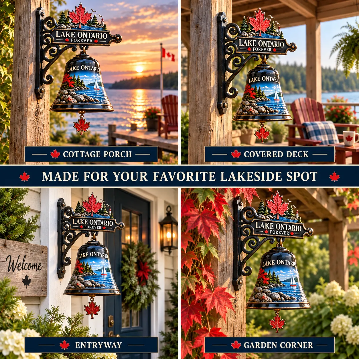 Lake Ontario hanging bell displayed on a cottage porch, covered deck, entryway and garden corner