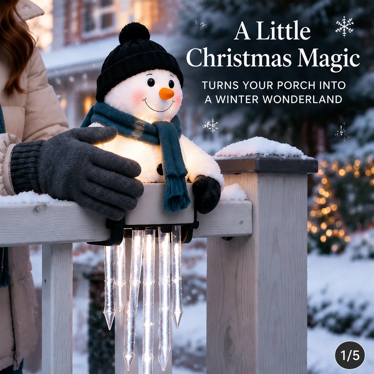 Placing the snowman light on a porch railing