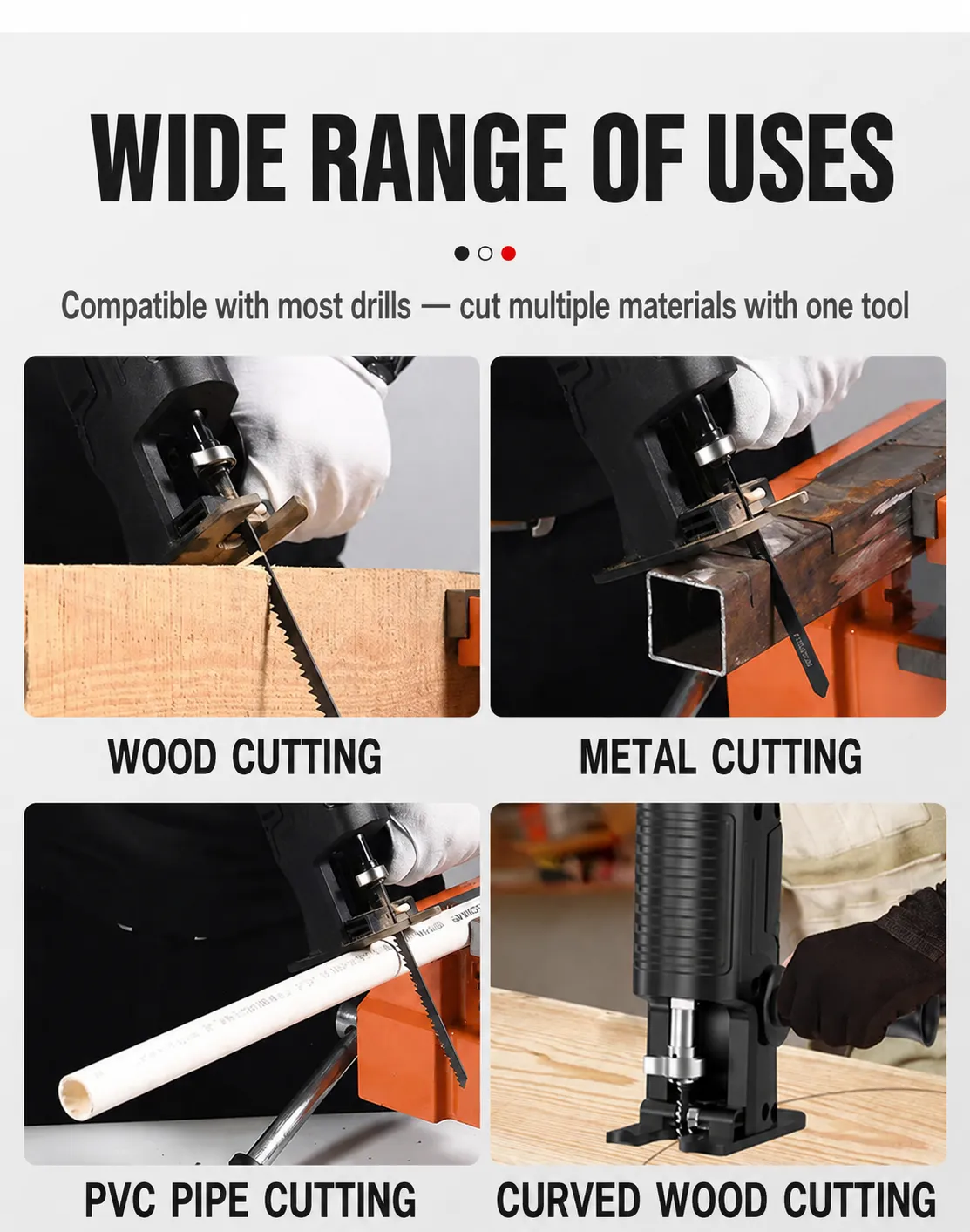 Wood, metal, PVC pipe, and curved wood cutting uses for the drill jigsaw adapter