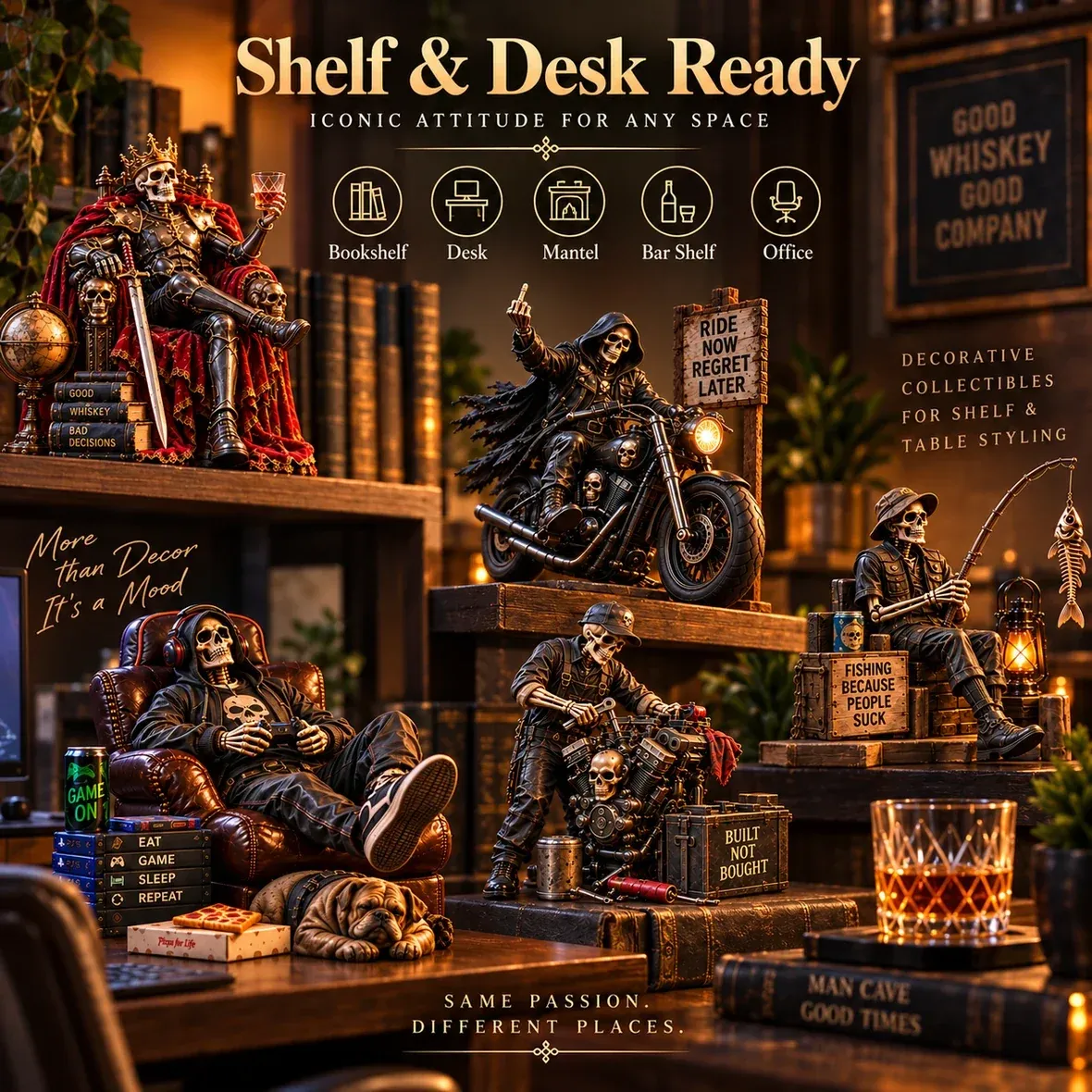 Skeleton collectibles styled on desks and shelves