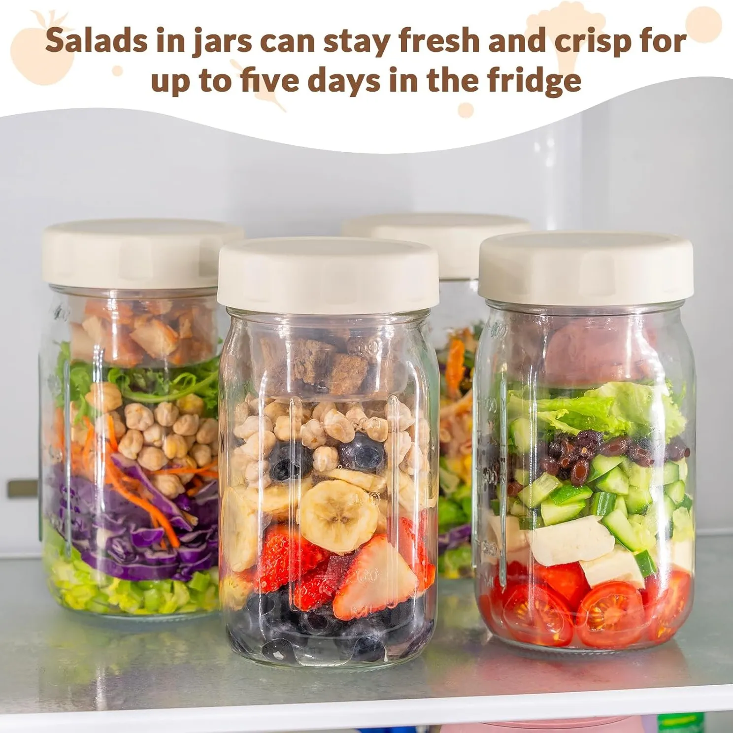 Prepared layered salad jars stored upright in a refrigerator
