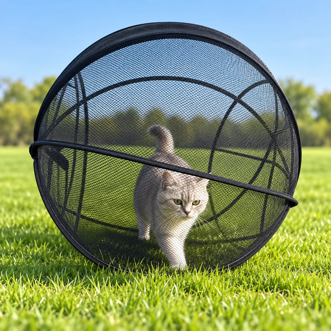 Cat enjoying supervised outdoor time in a pop up playpen