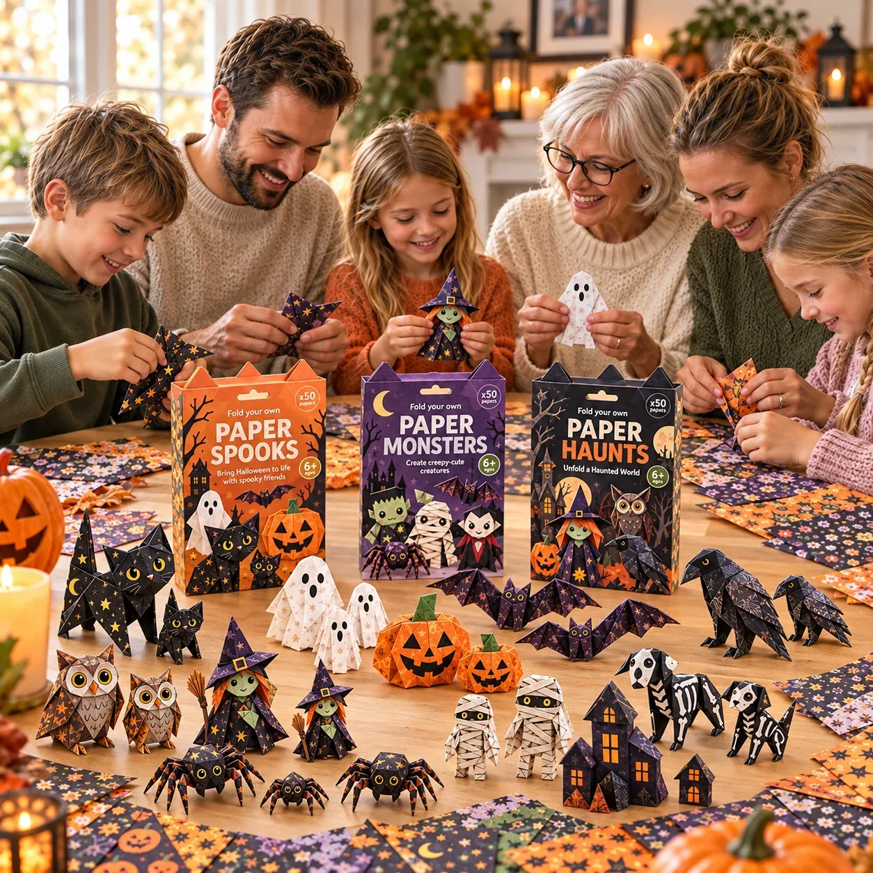 Family enjoying Halloween paper crafts together