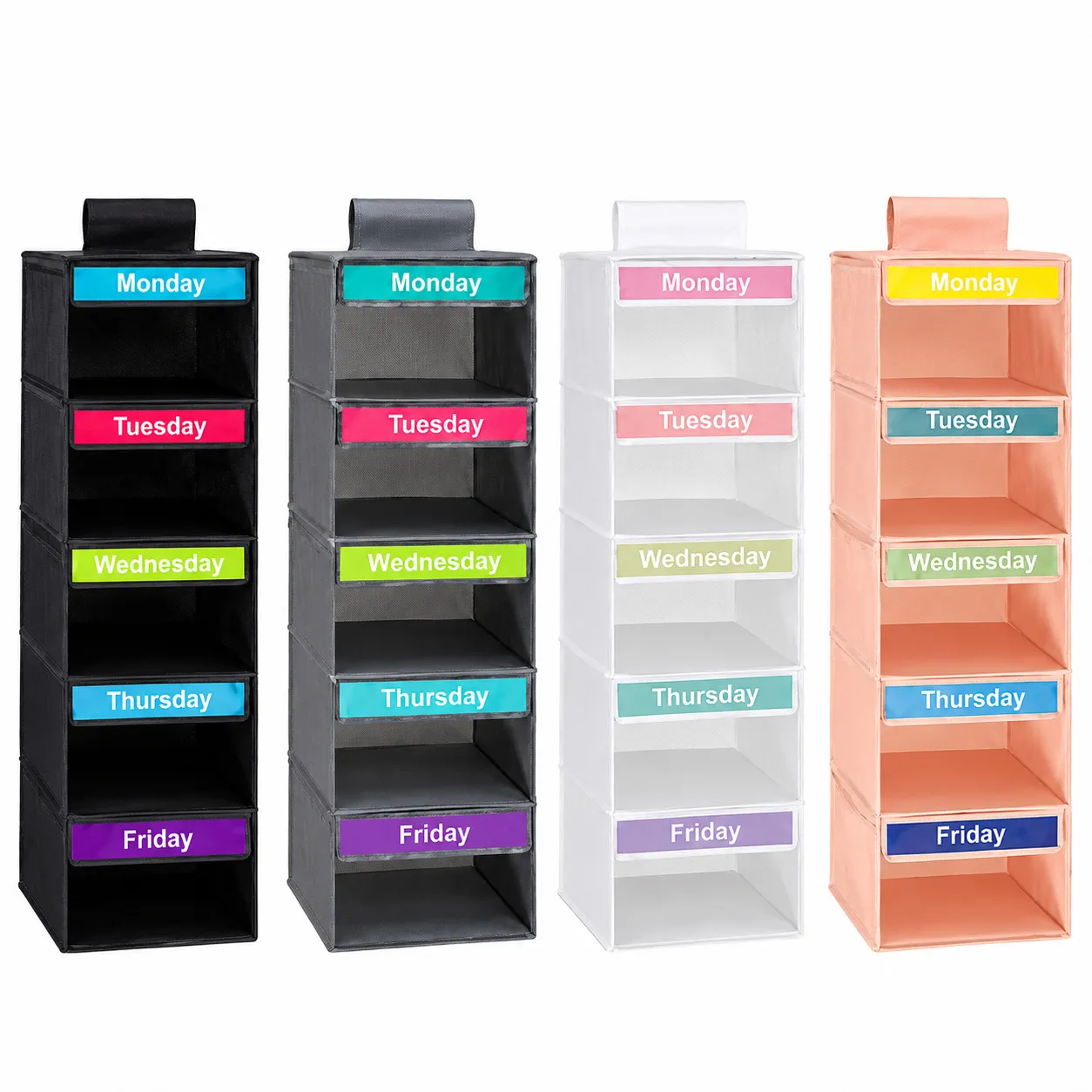 Five-tier hanging organizer shown in black, gray, white, and pink