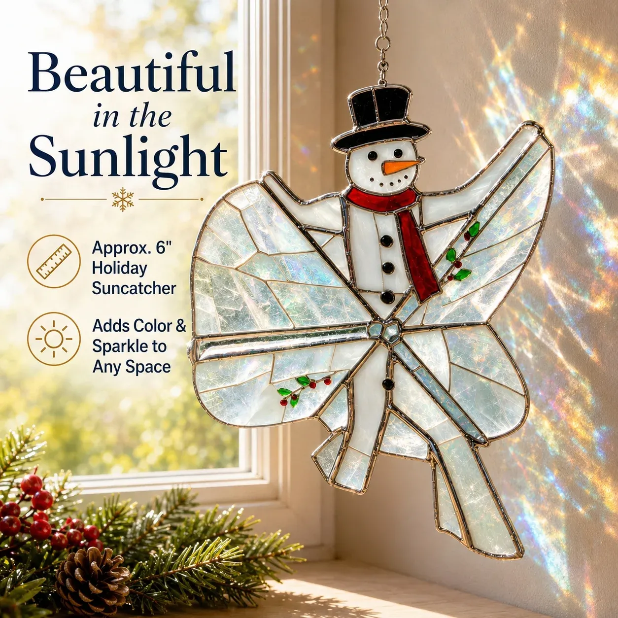 Iridescent snowman suncatcher reflecting color in natural sunlight