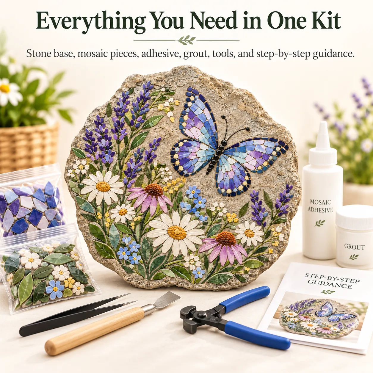 Complete butterfly mosaic stepping stone kit with base tiles adhesive grout and tools