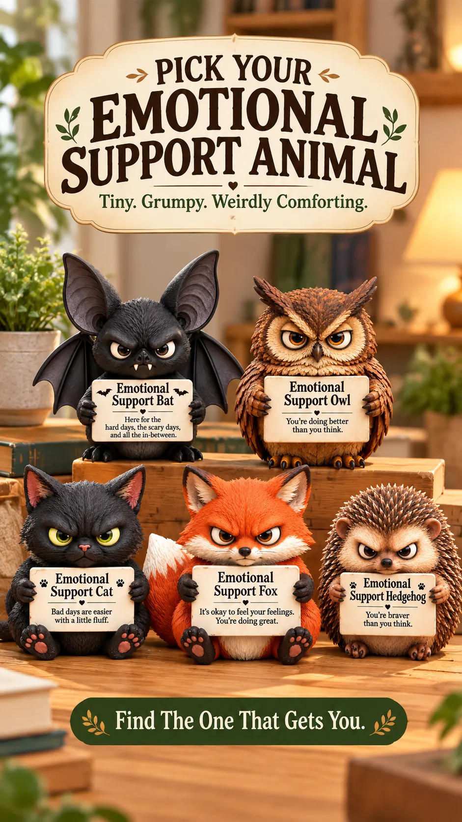 All five Emotional Support Animal styles together: Bat, Cat, Owl, Fox, and Hedgehog