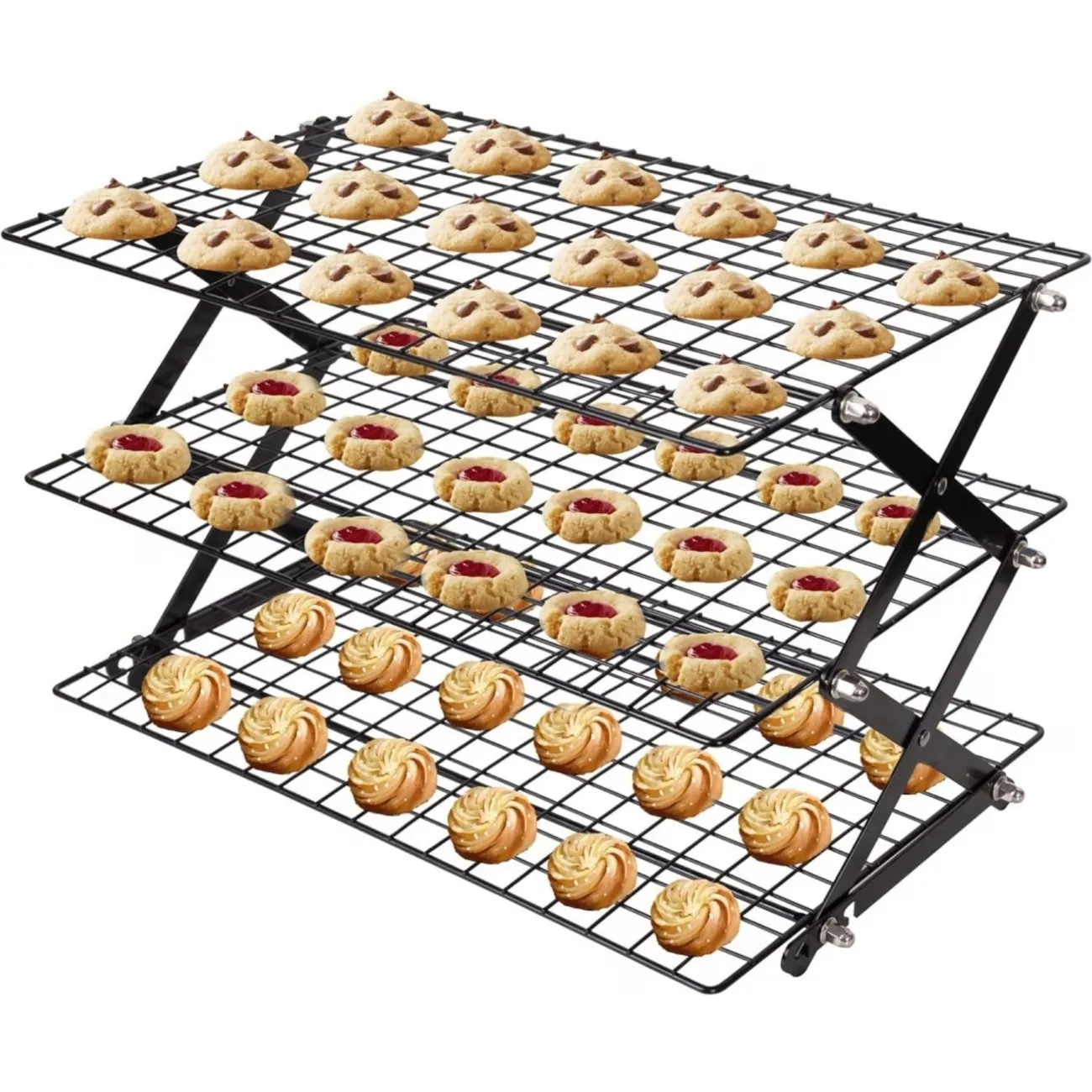 Black three-tier cooling rack holding different batches of cookies