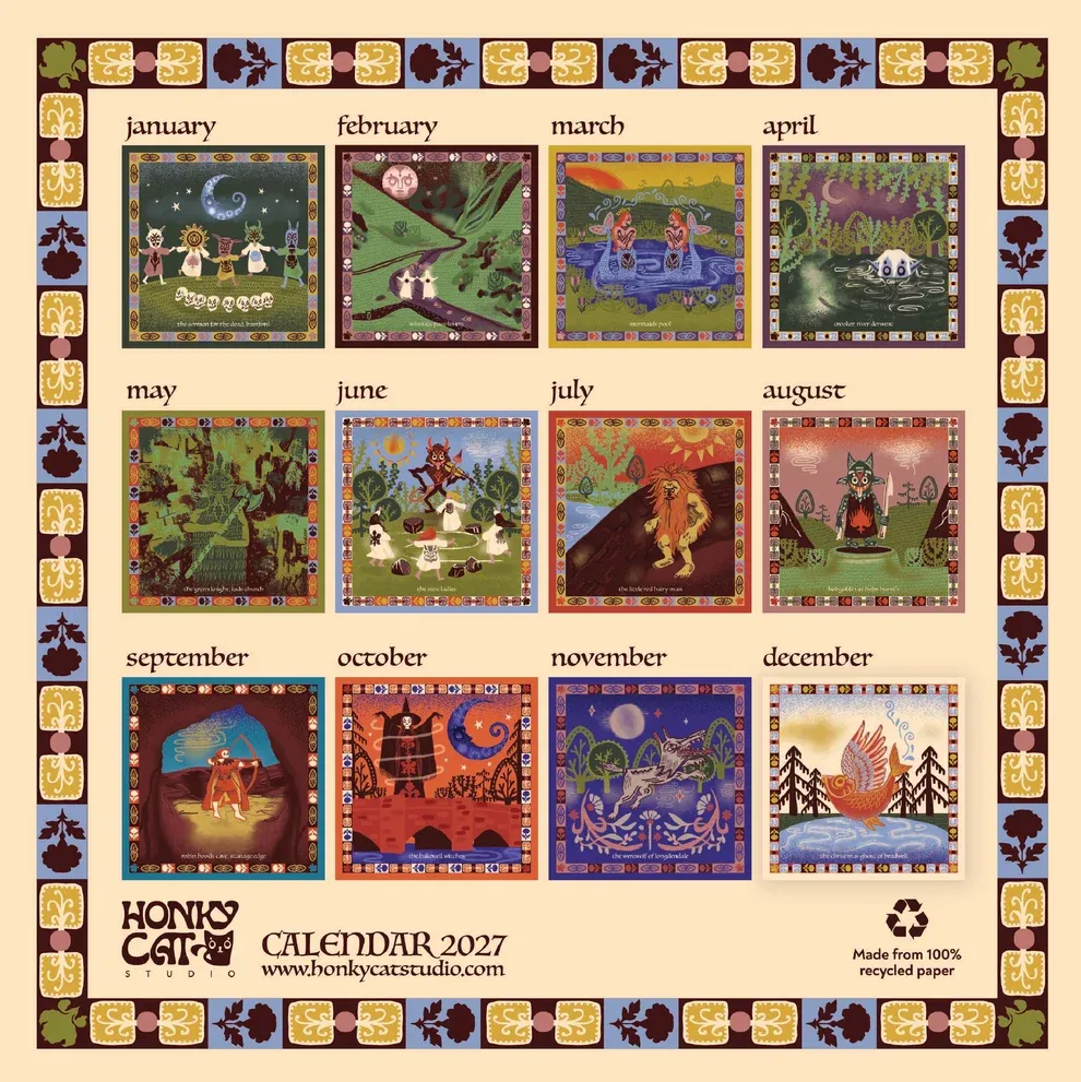 All 12 illustrated months of the 2027 folklore calendar
