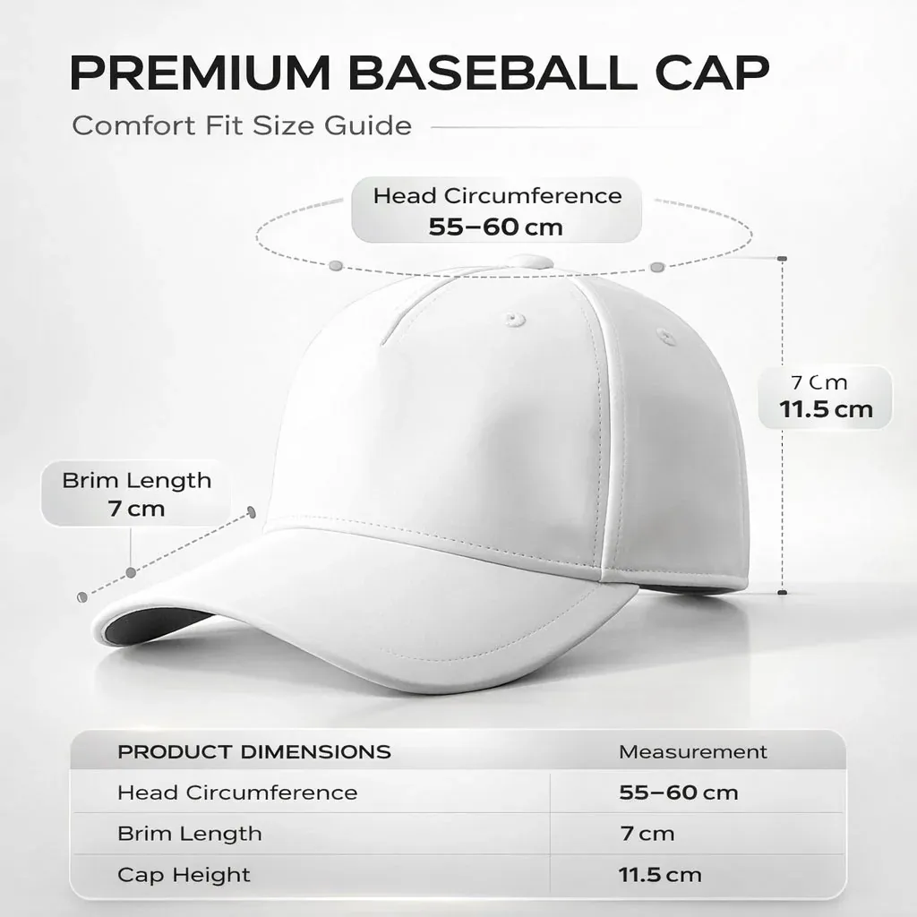 Product gallery size guide showing 55–60 cm head circumference, 7 cm brim and 11.5 cm cap height