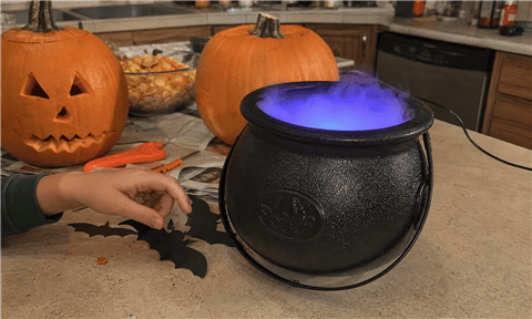 Casual family pumpkin-carving table with a glowing cauldron