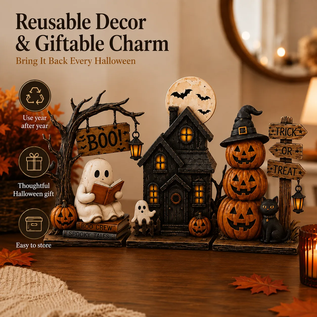 Full coordinated Halloween tabletop figurine set in a warm autumn room