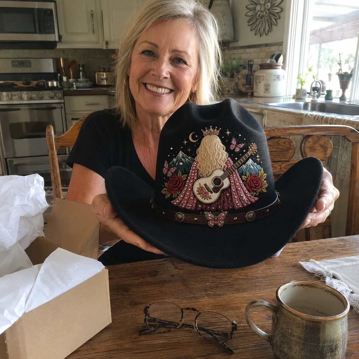 Customer opening her black Timeless Country Queen cowboy hat at the kitchen table