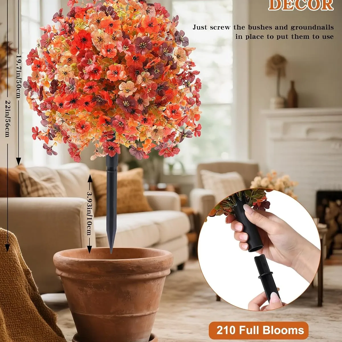 Artificial flower topiary dimensions and stake setup