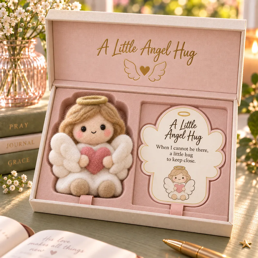 Angel holding a pink heart beside a wing-shaped card in a blush-lined fitted gift box