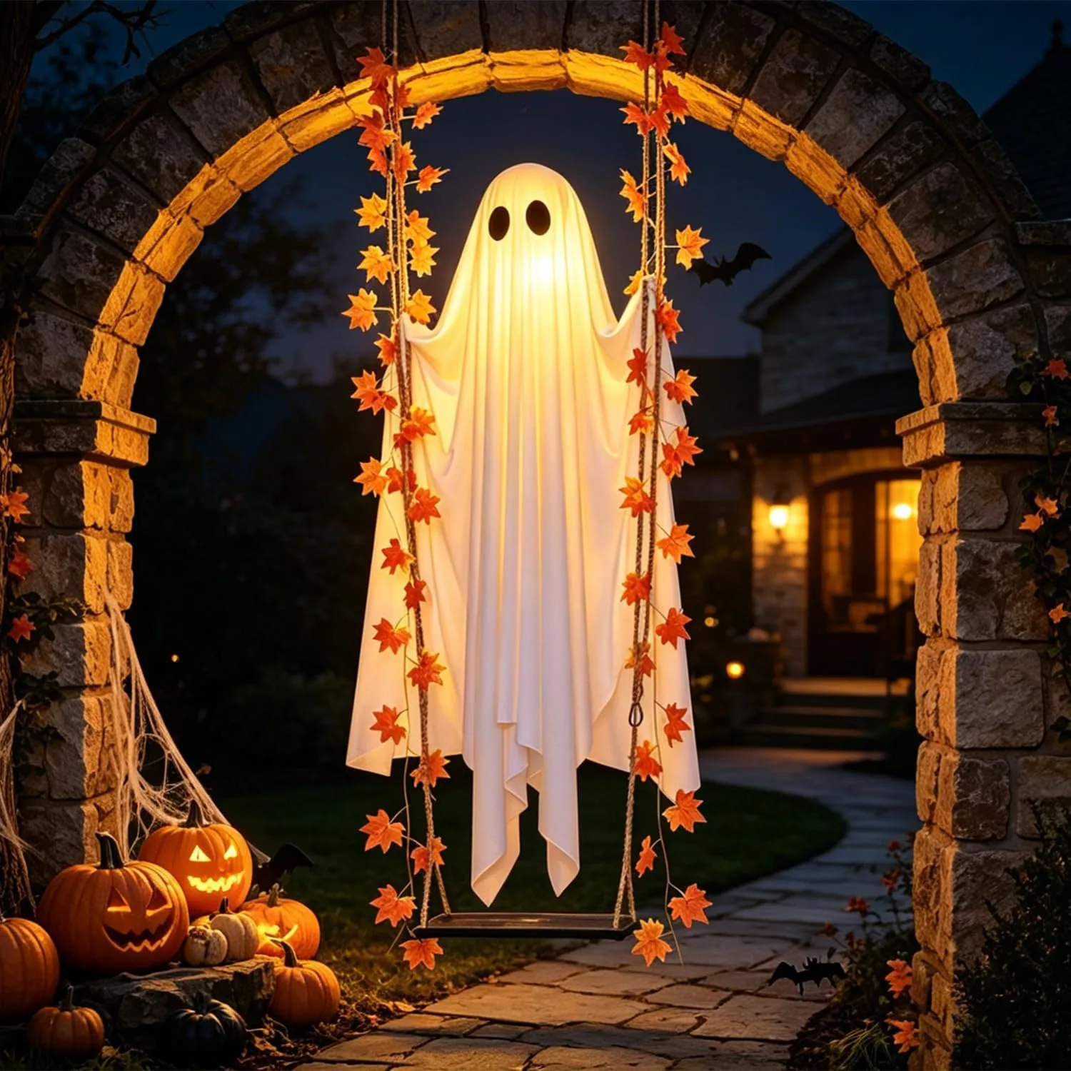 Glowing maple-leaf ghost swing under a stone arch at night