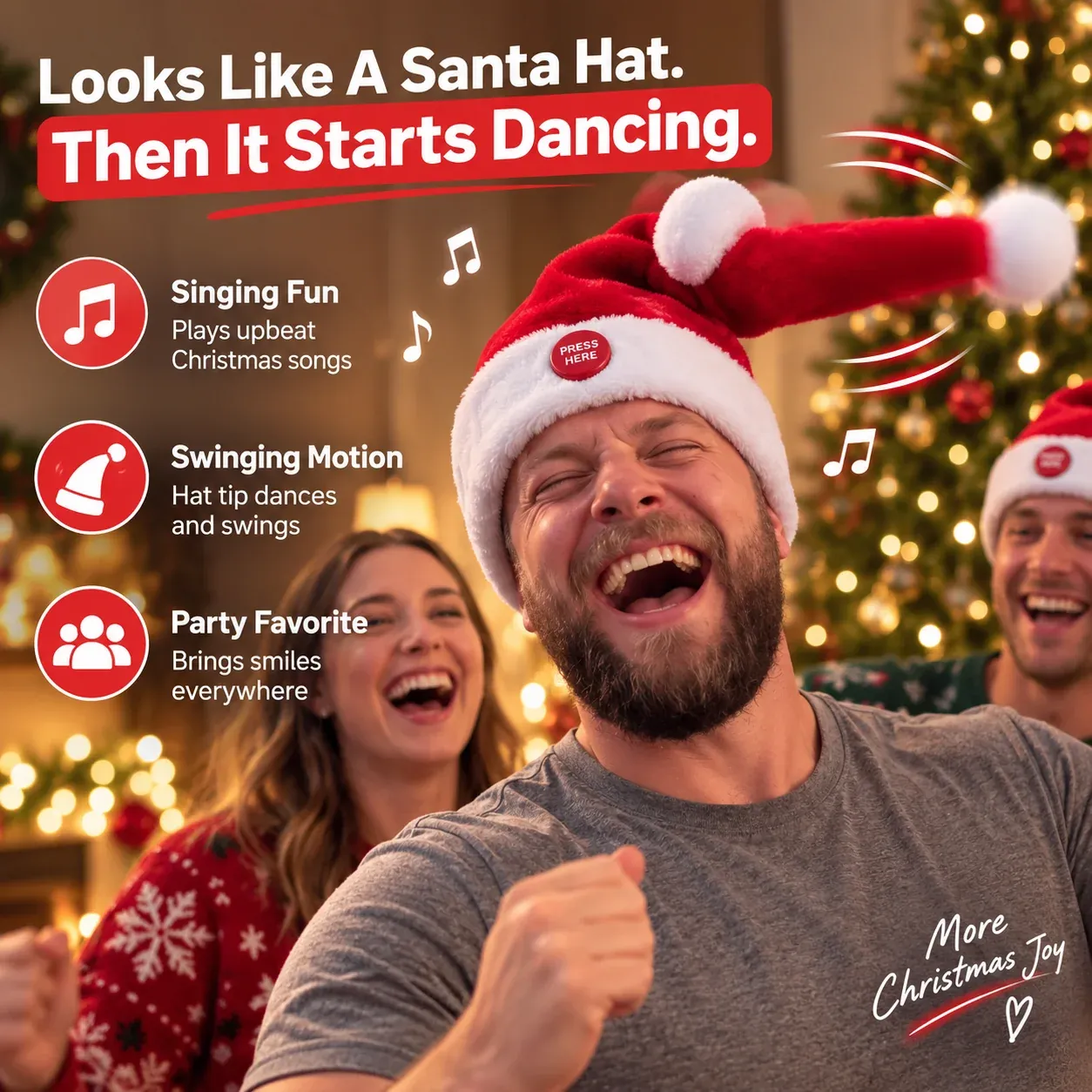 Looks like a Santa hat then it starts dancing product poster