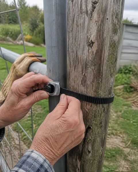 Hands fitting a utility strap around a backyard gate post