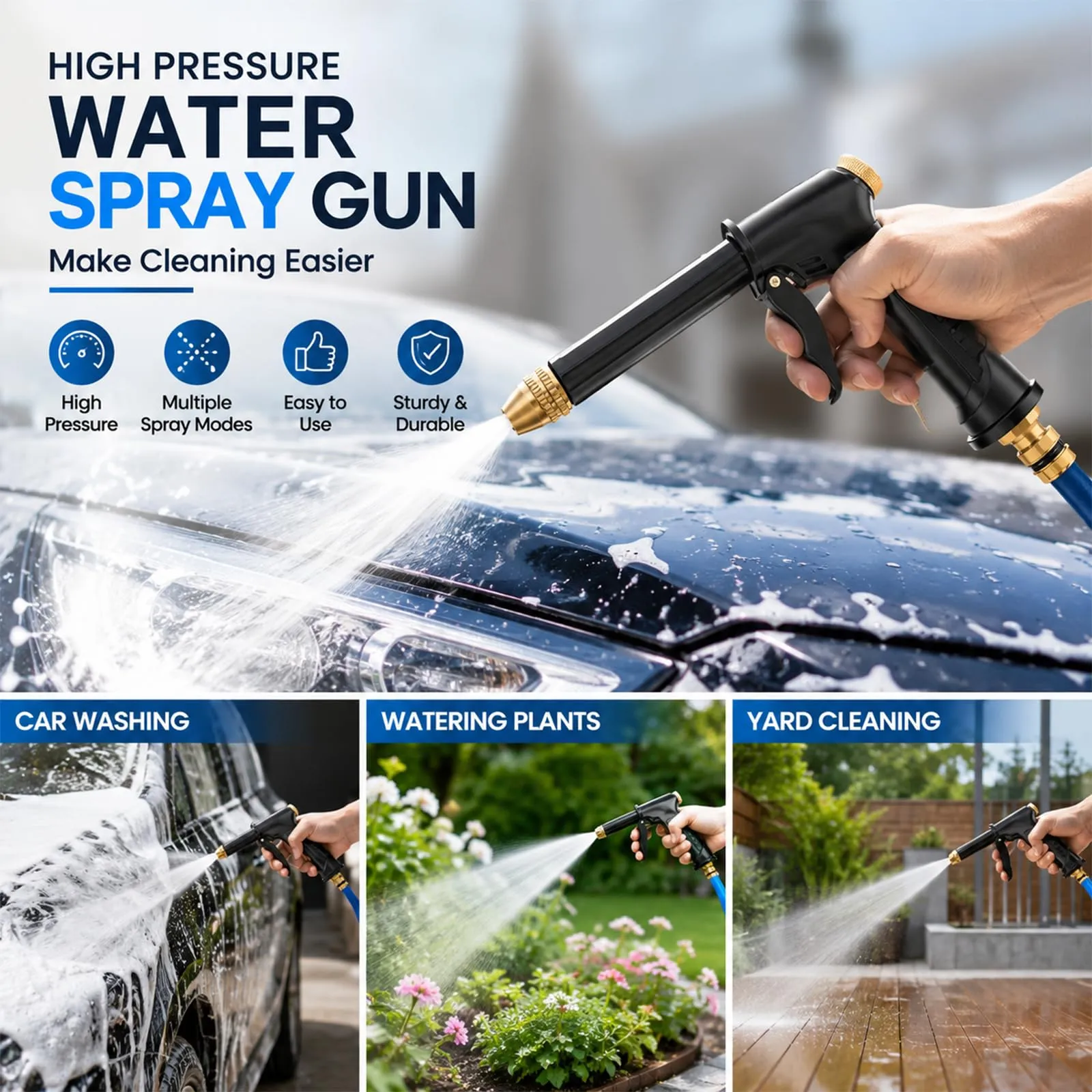 Multi-functional high pressure water spray gun for car washing, watering plants, and yard cleaning