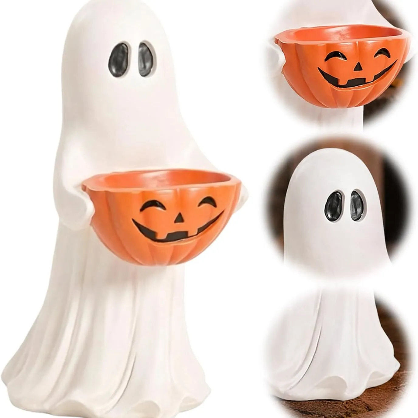 Close views of the white ghost and orange pumpkin bowl