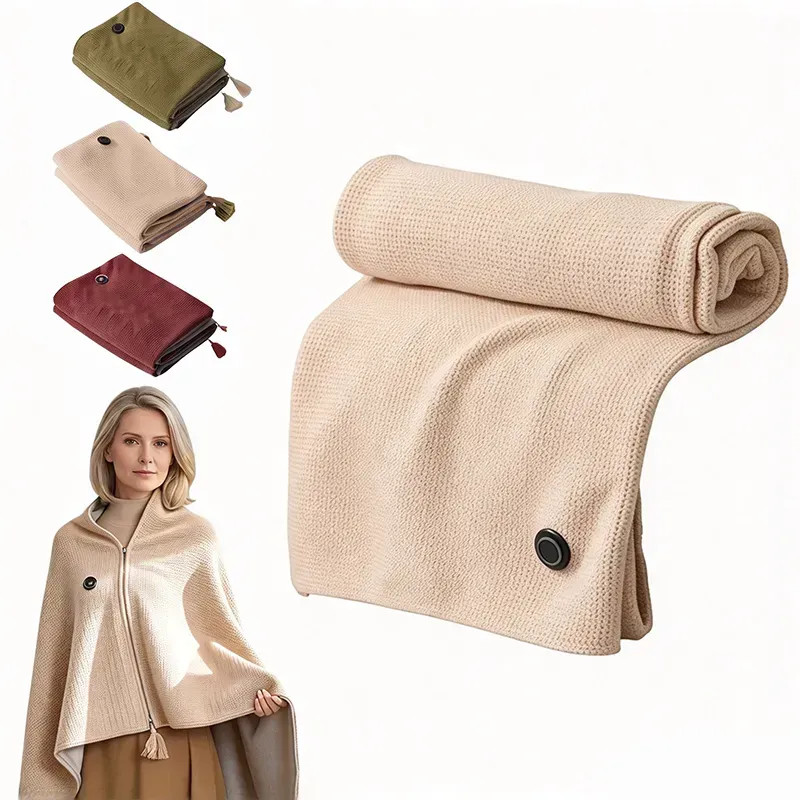 Apricot heated shawl shown folded and worn