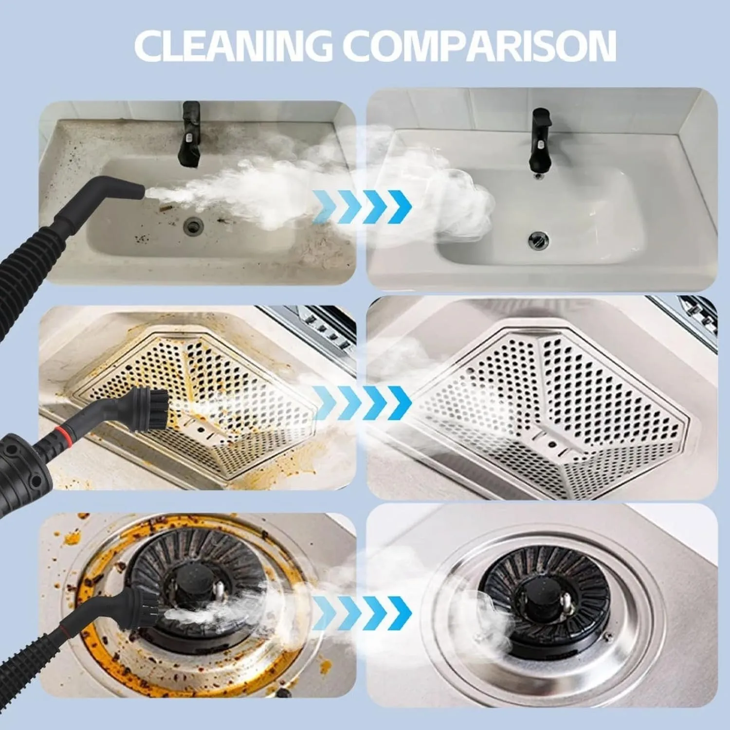 Cleaning comparison on a sink, range hood, and stovetop