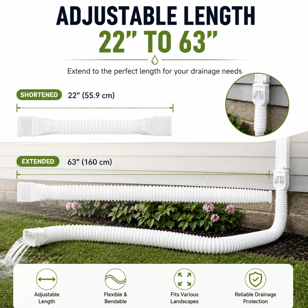 Adjustable 22 to 63 inch flexible downspout extension pipe