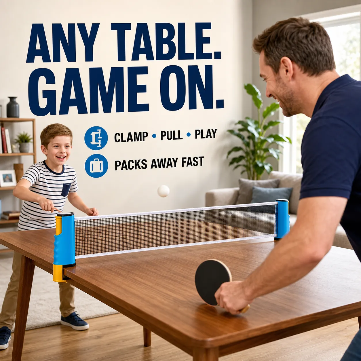 Family playing table tennis across a dining table with the retractable net