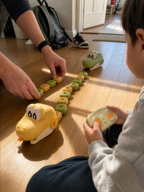 A parent arranging magnetic pieces while a child steers the toys