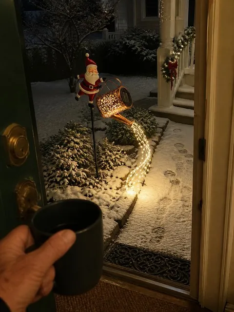 Warm white Santa light viewed from a snowy doorway