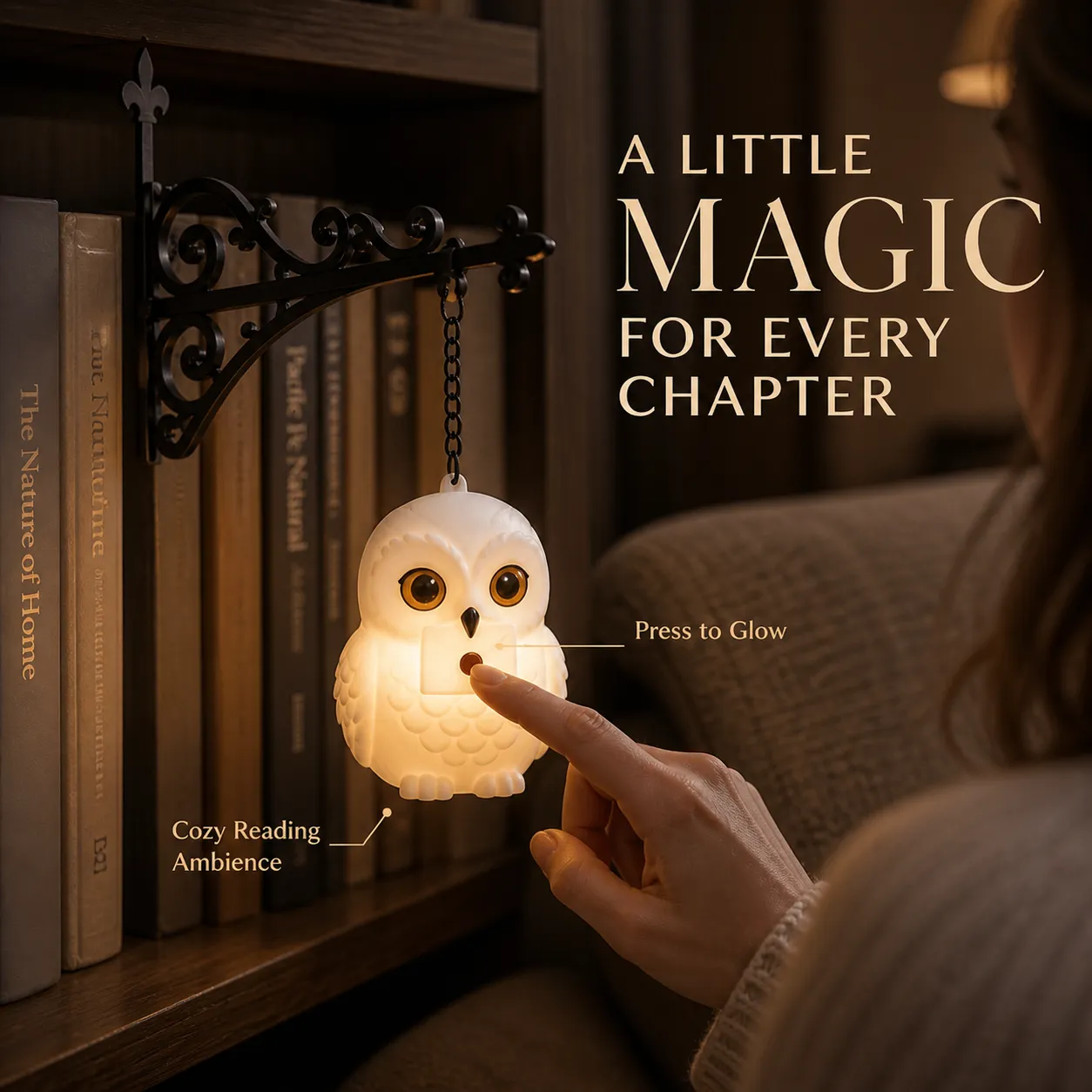 Hand pressing the glowing owl bookshelf light