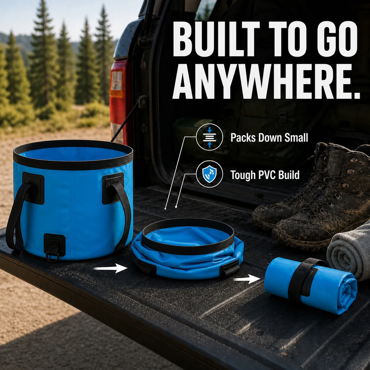 Hands folding a blue outdoor bucket flat on an SUV tailgate