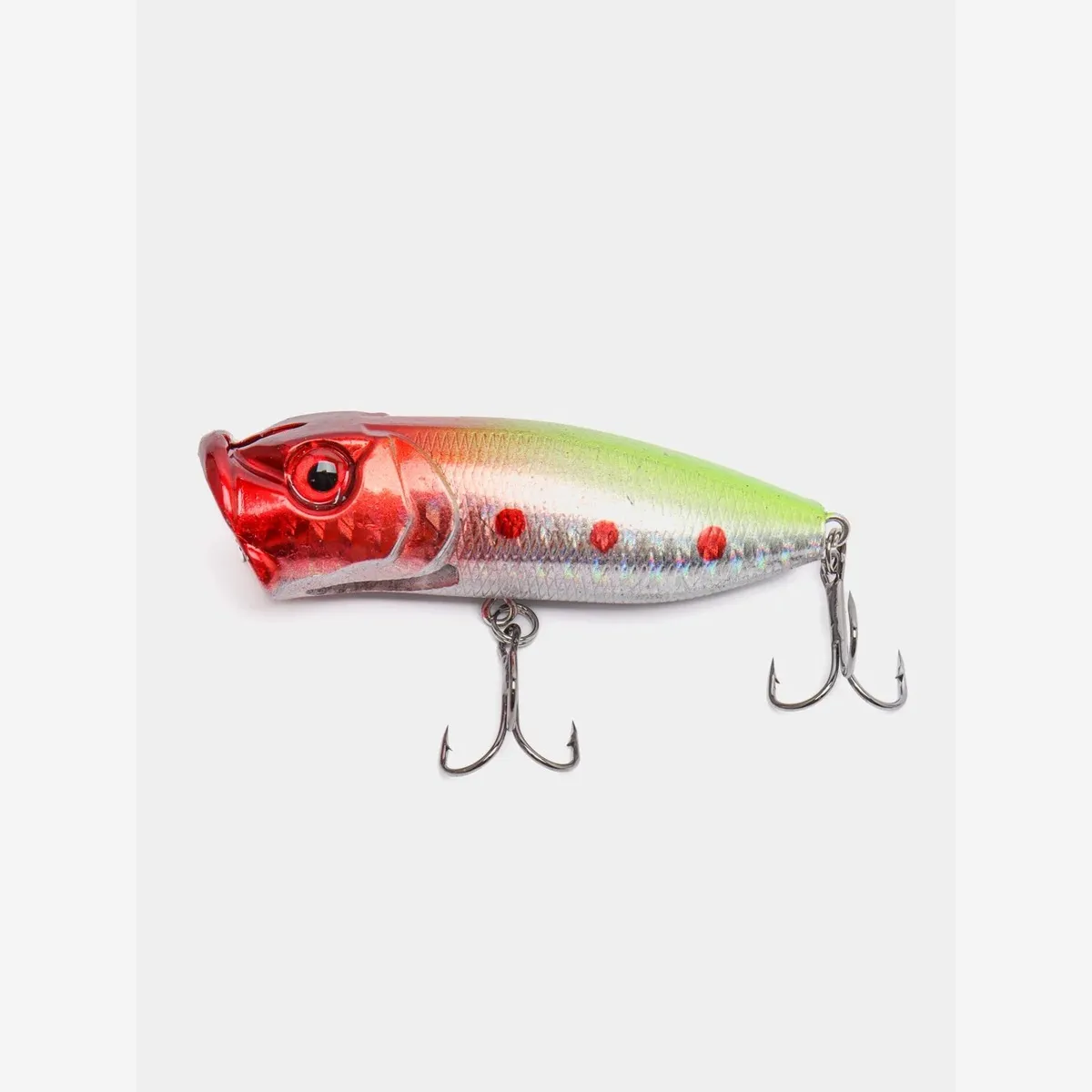 Side profile of the red head and yellow back popper lure