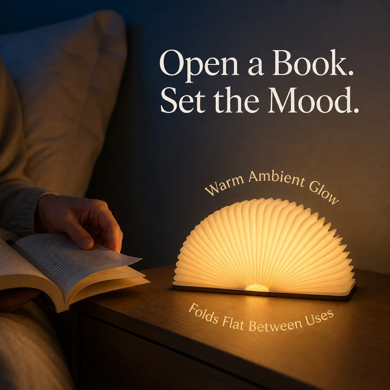 Walnut folding book light glowing beside a reader