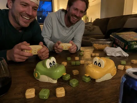 Friends competing with the crocodile toys during game night