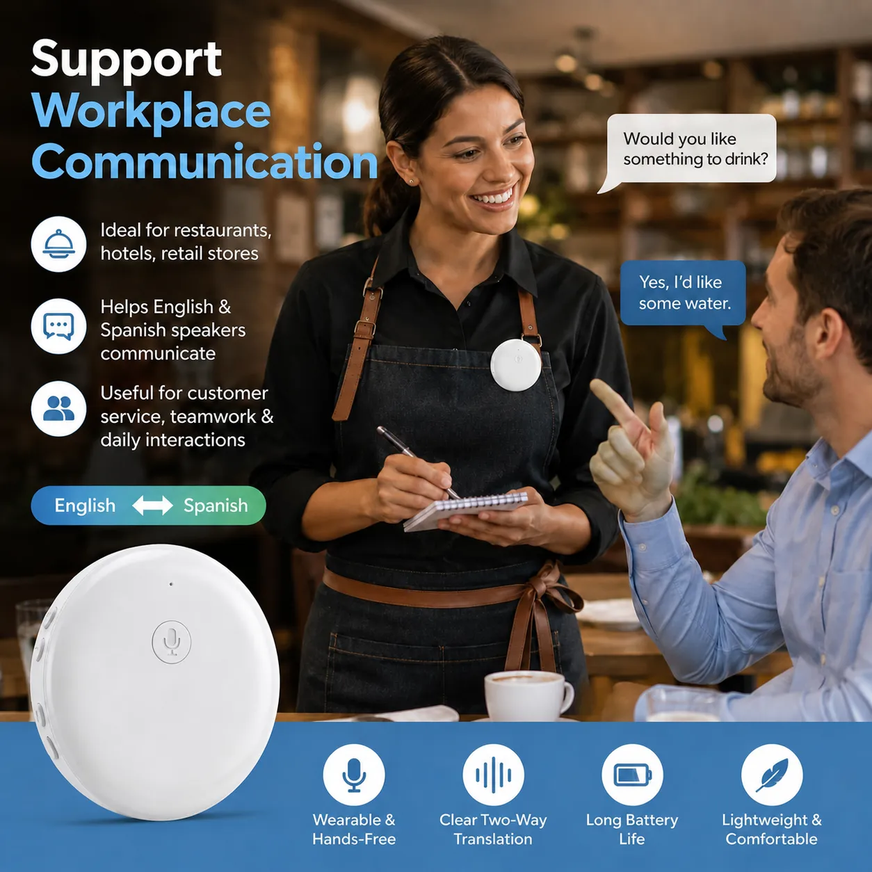 Restaurant employee using the translator for workplace communication