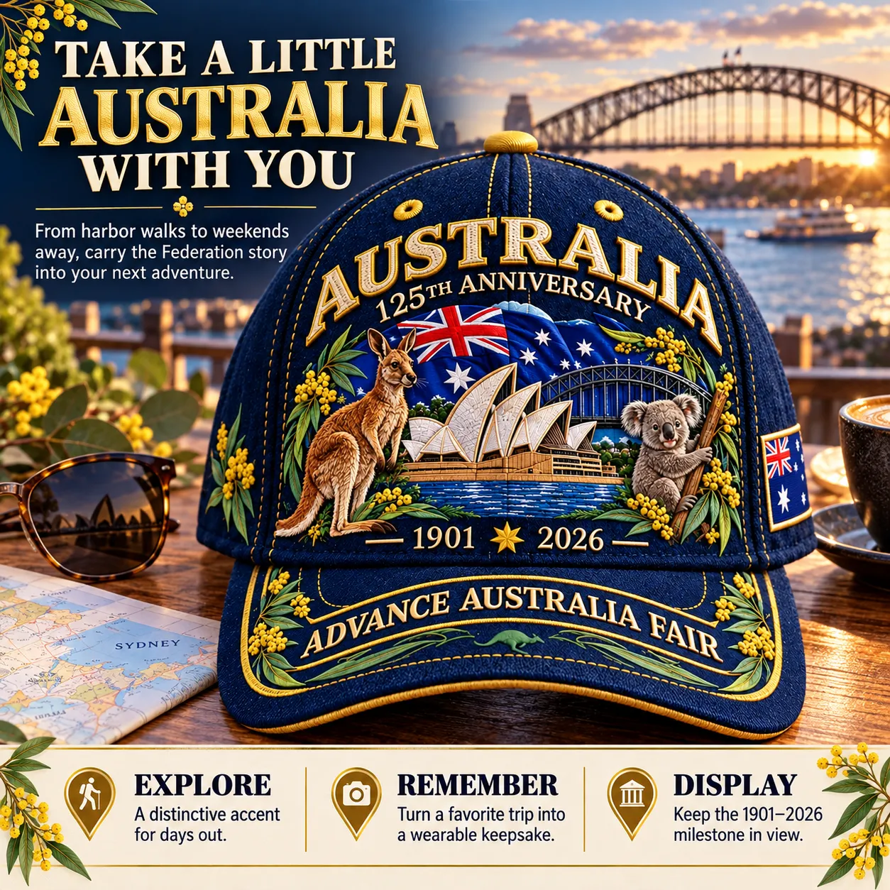 Commemorative navy cap on a harbor-side café table with travel accessories