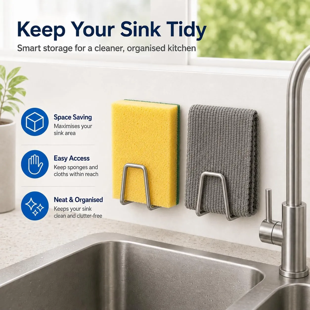 Two sponge holders keeping cleaning essentials organized beside a kitchen sink