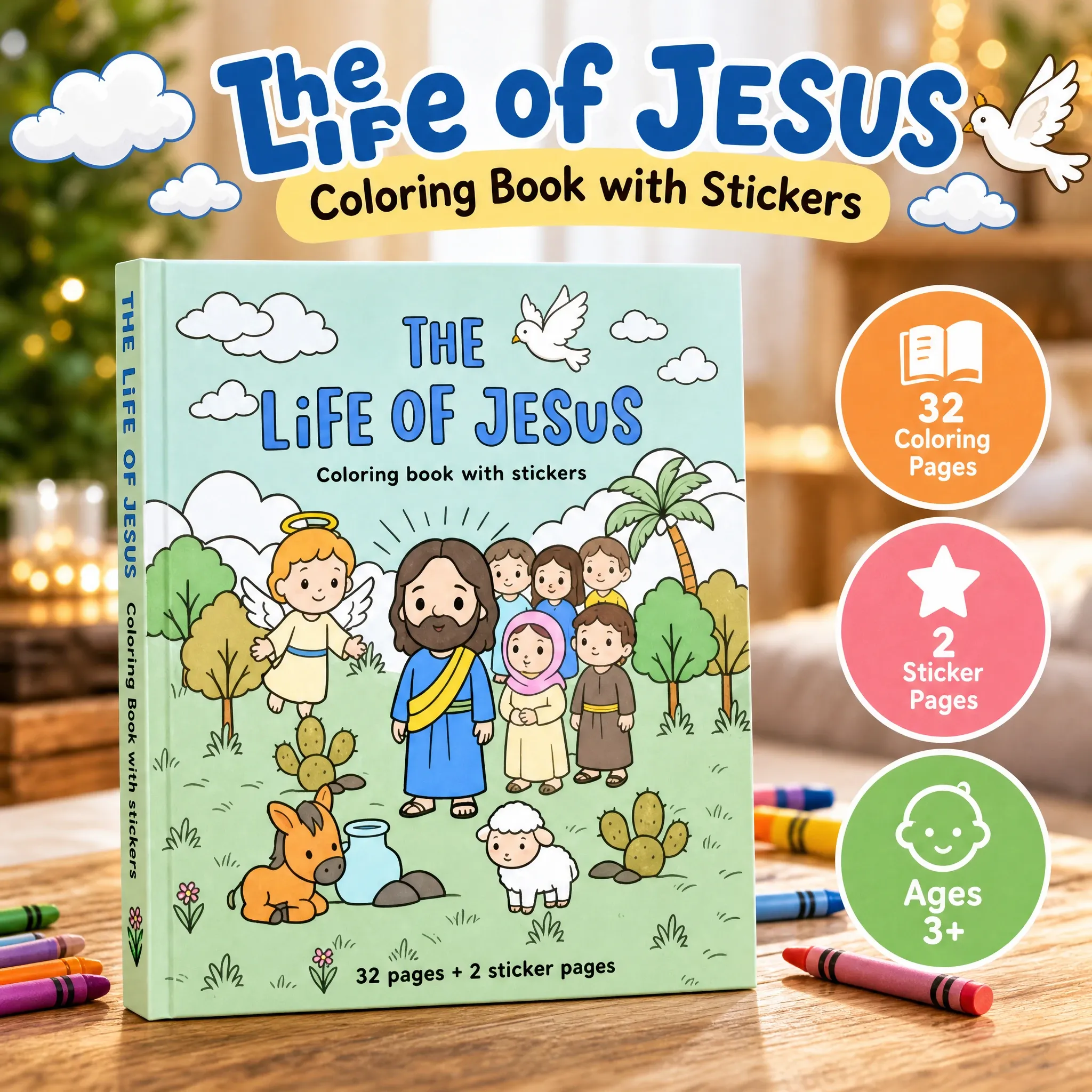 The Life of Jesus coloring book with 32 coloring pages, 2 sticker pages, for ages 3 and up