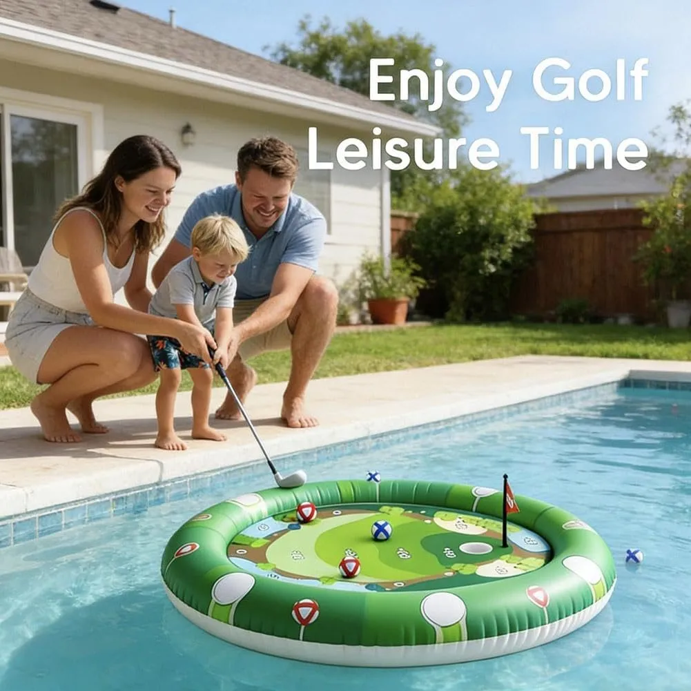 Family enjoying the inflatable golf target beside a pool