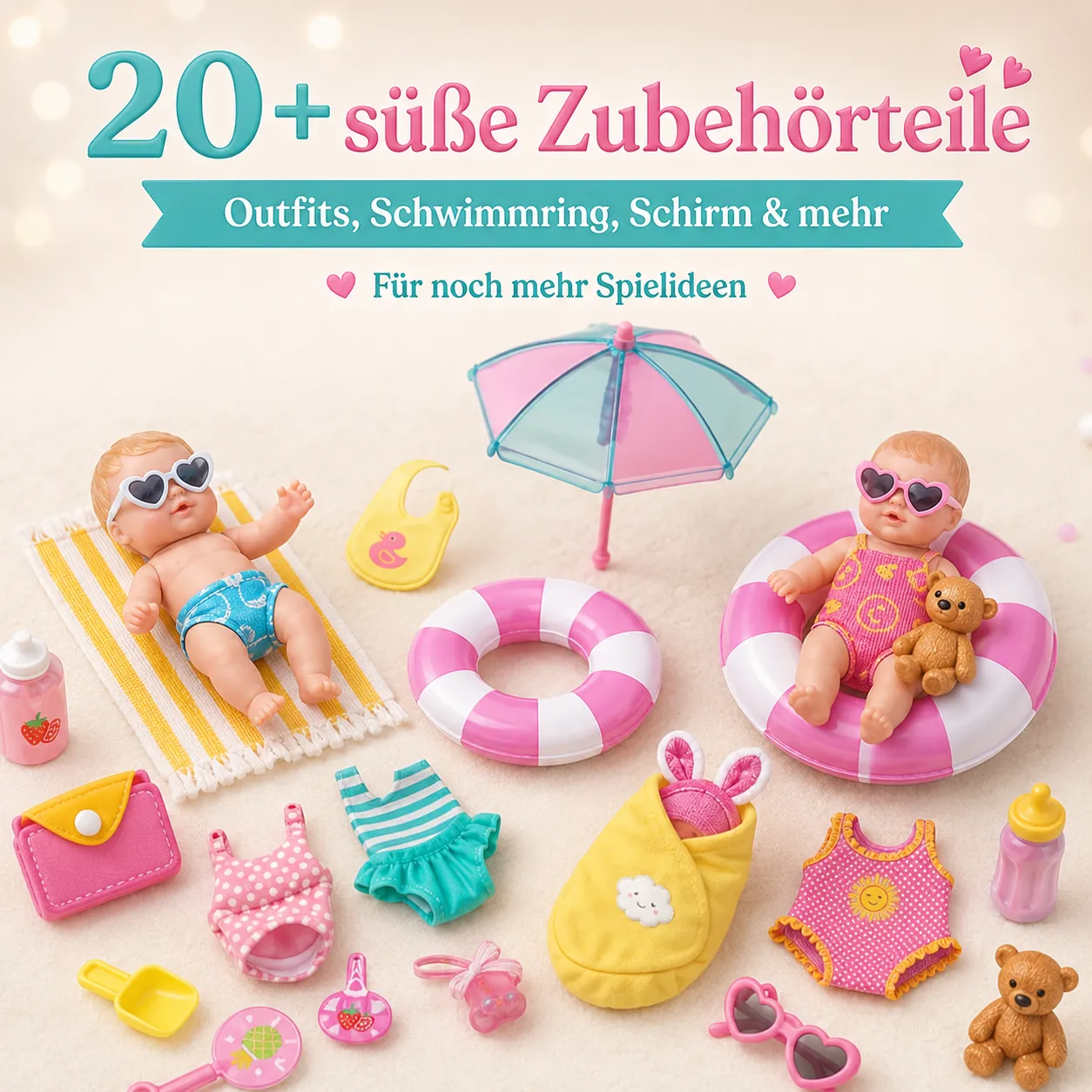 Mini babies with clothing, swim rings, bottles, a teddy bear and other small accessories