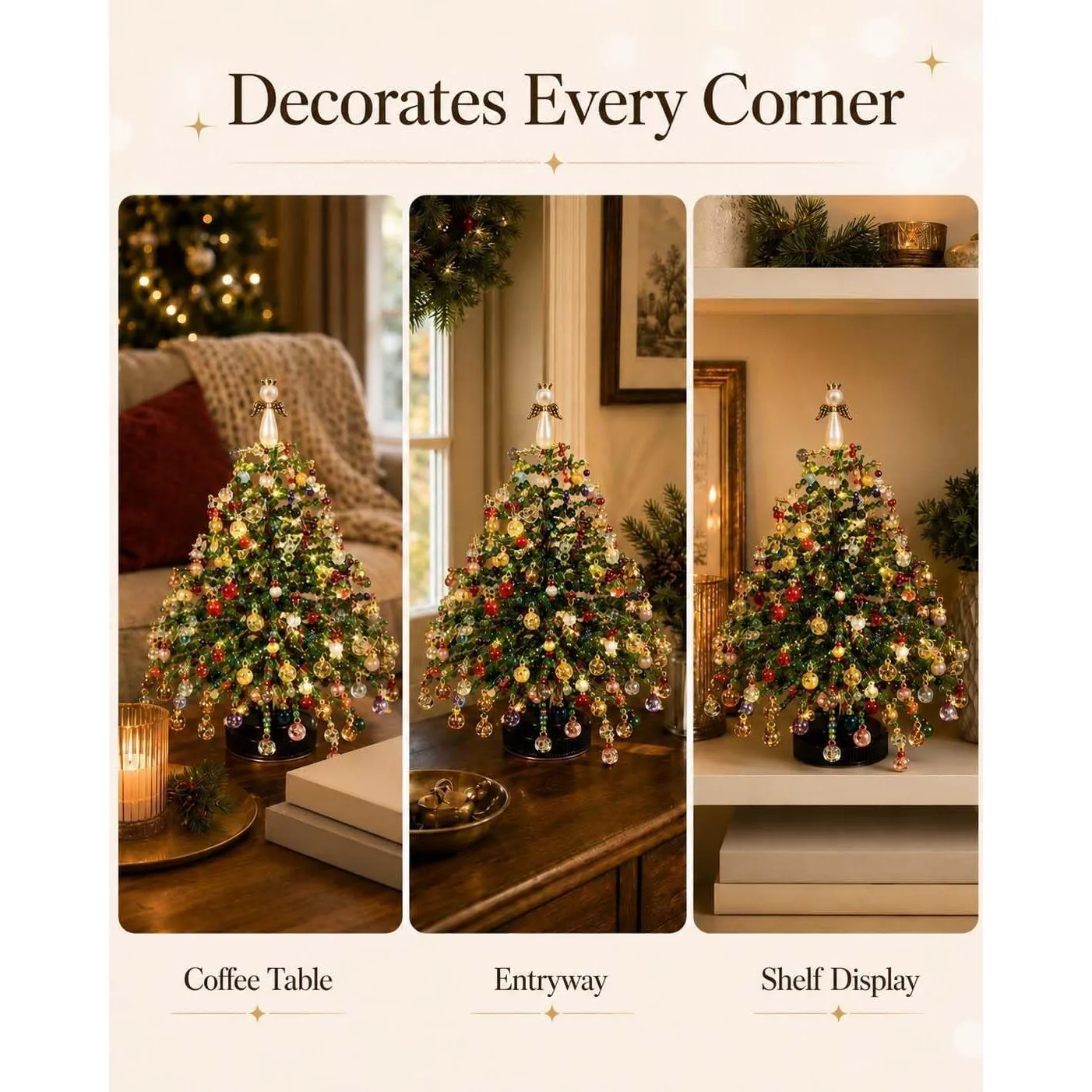 Beaded holiday tree displayed on a coffee table, entryway and shelf