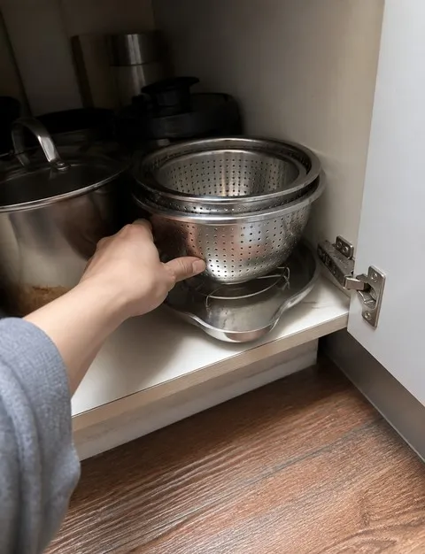 Nested colander set being placed in a kitchen cabinet