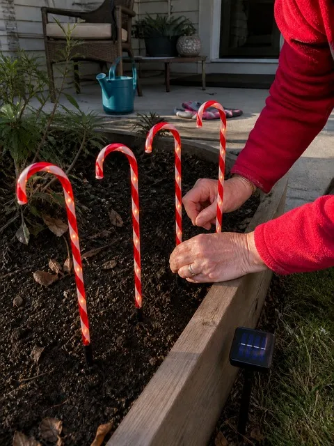 Homeowner installing candy cane lights in a raised flower bed