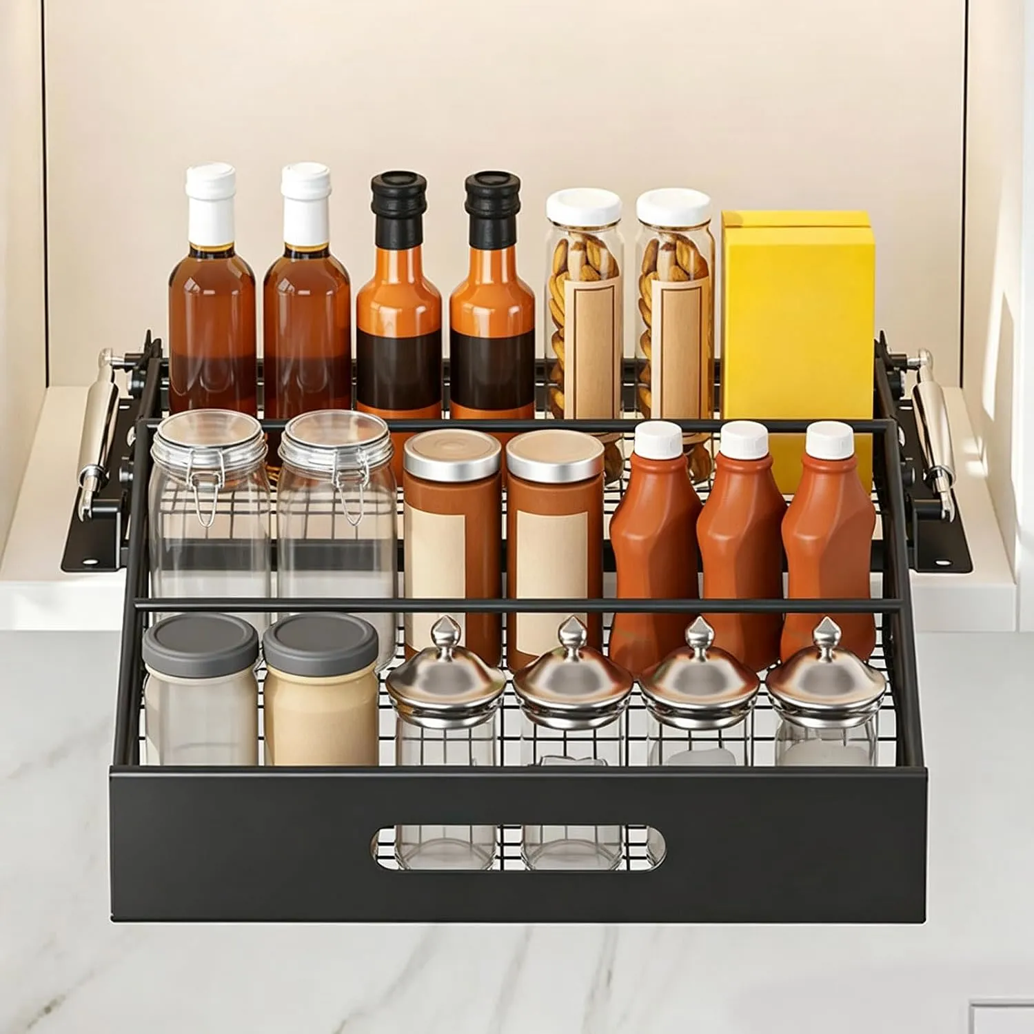 Black three-tier pull-down rack organizing spice jars