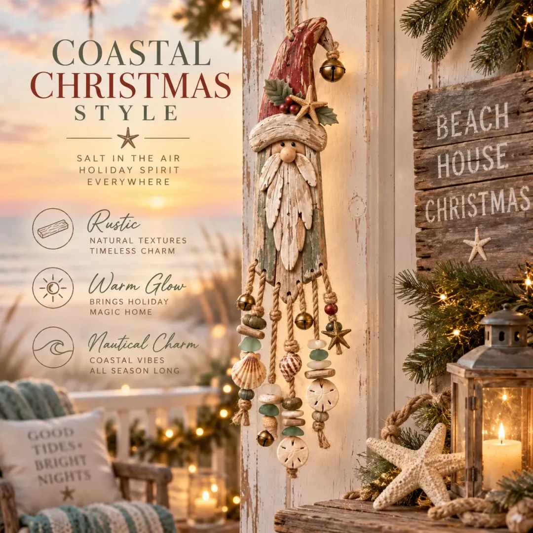 Detail van Coastal Noel Santa met schelpen en touw