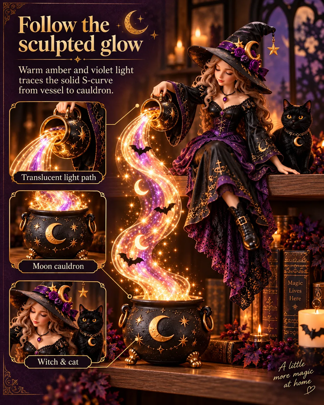 Witch design with close-up panels of the light path, moon cauldron, and witch and cat