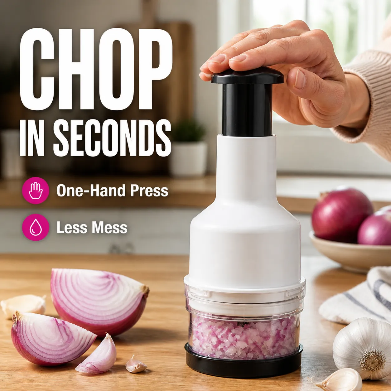 Hand pressing the enclosed food chopper with diced onion inside