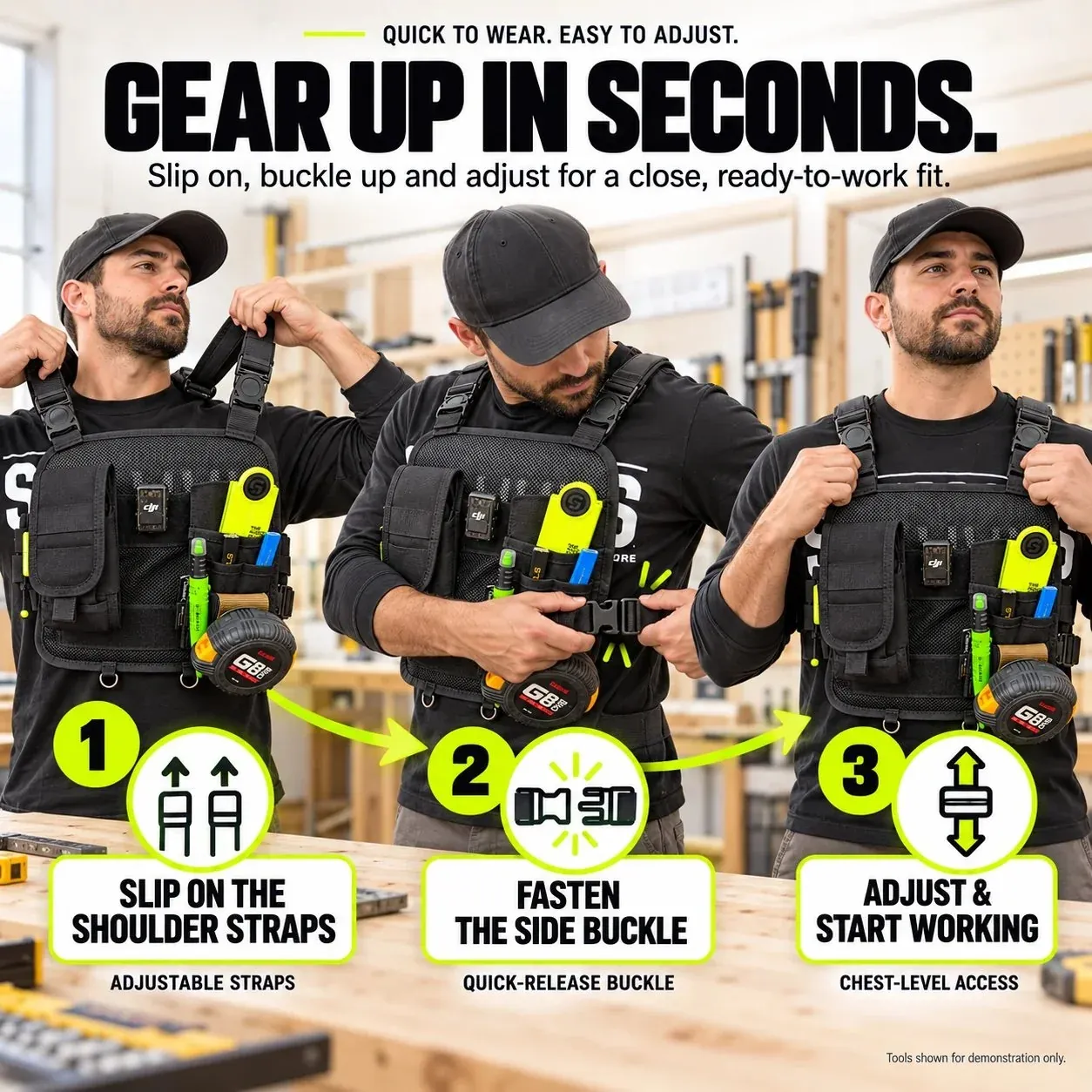 Three illustrated stages of putting on the shoulder straps, fastening the side buckle and adjusting the chest organizer